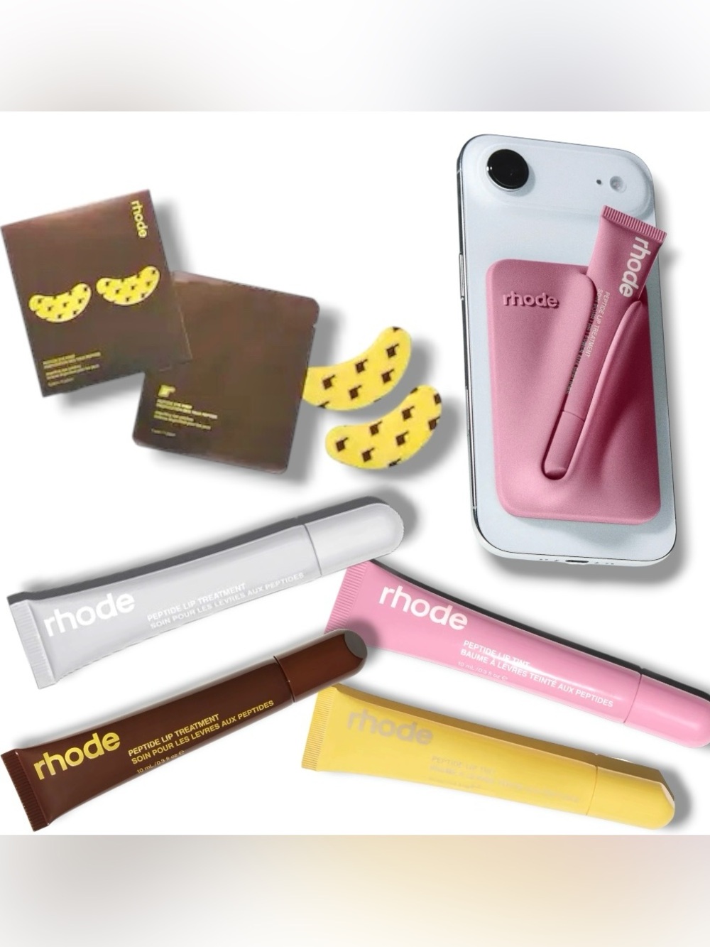 rhode Banana Lip BUNDLE Pretzel Lemontini Lip Treatment Eye Patches + Phone Case